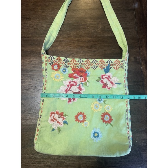 Johnny Was JWLA Green Linen Embroidered Flowers Purse Handbag Tote Bag Crossbody - Picture 9 of 11